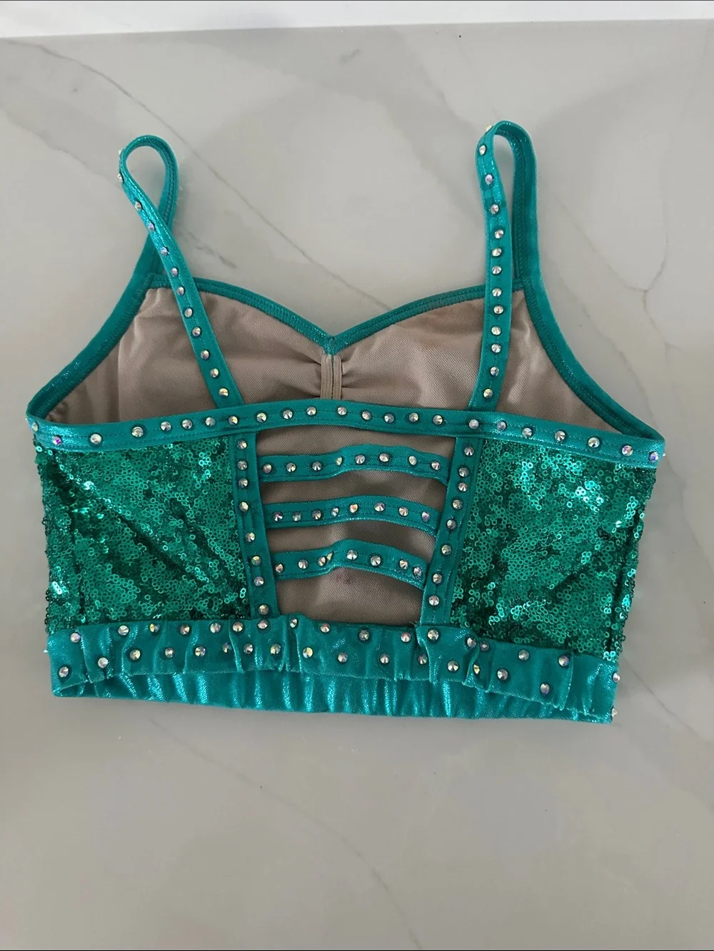 Weissman Emerald Sequin Crop Top & Fringe dance Halloween costume. Sozr youth L